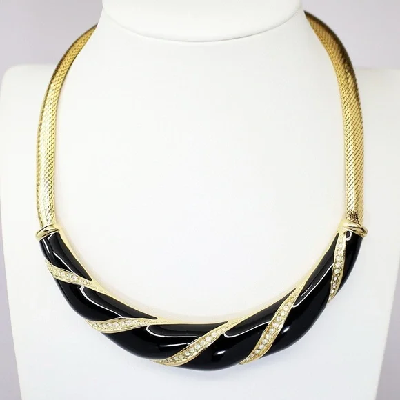 Vintage Dior Necklace Bold Black Enamel Rhinestone Designer Piece - Picture 14 of 14